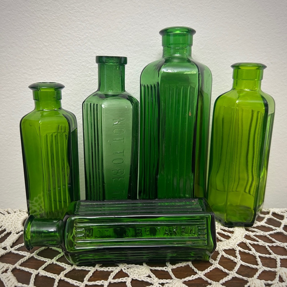 Antique Green Poison Bottle Collection / Set of 5 Hexagonal Ribbed Glass Bottles